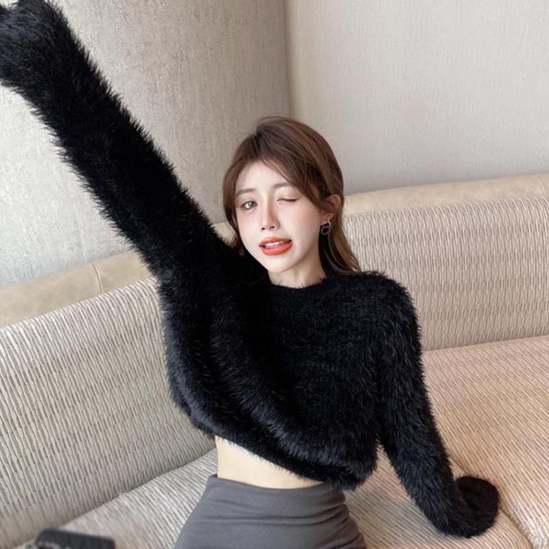 Женский свитер Сплошной цвет Милый Повседневный с открытым пупком Ретро