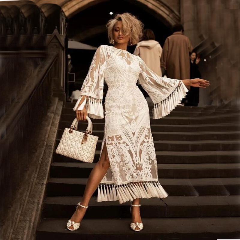 Европейское и американское женское вечернее платье для банкета и вечеринки с кружевной вышивкой и бахромой, комплект из двух предметов, летний