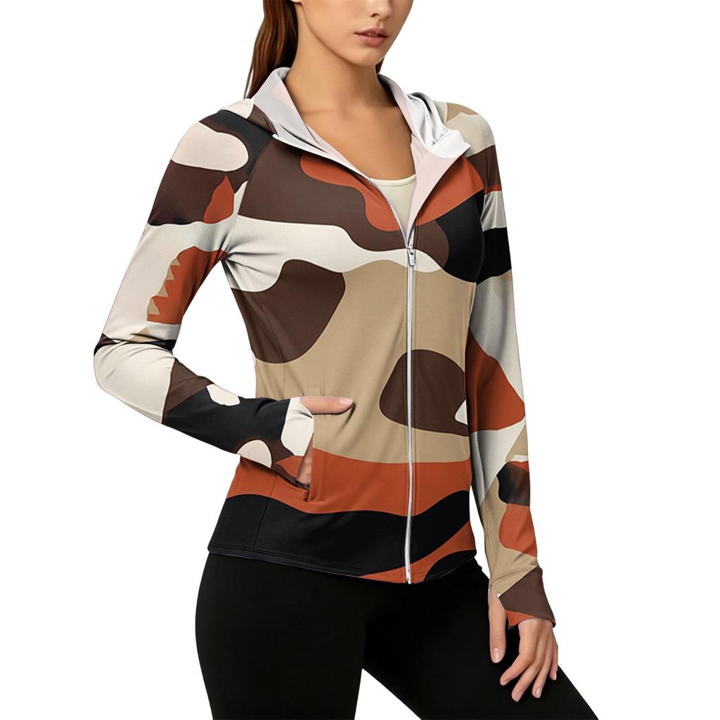 Womens Zip Up Hoodie Lightweight Long Sleeve Camouflage Print Sun Protection Jacket with Hood and Pockets for Outdoor Activities
