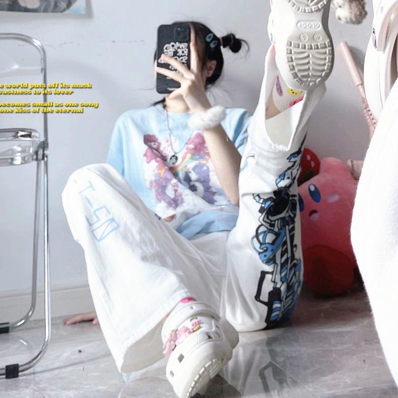 Брюки в стиле аниме, женские летние уличные брюки Y2k, белые брюки с принтом в стиле Харадзюку, киберпанк