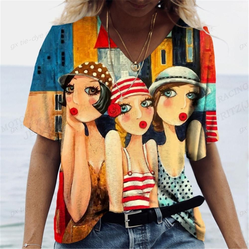 Harajuka абстрактные крутые футболки с принтом в стиле ретро, ​​женские универсальный пуловер с коротким рукавом, летние дизайнерские повседневные женские футболки с v-образным вырезом