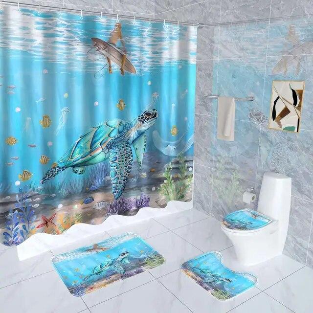 Наборы занавесок для душа с морской черепахой, водонепроницаемые, с морским океаном, винтажные занавески для ванной с животными, занавески для ванной, коврики для ванной, ковер, крышка для унитаза