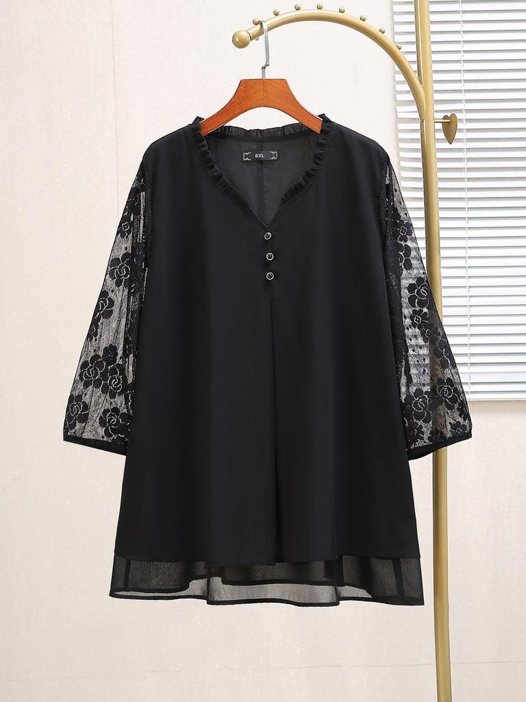 Plus Size Women's Chiffon Blouse - Seven-Sleeve, Hollow Out, Slimming Autumn Fashion Top, Style 25065T