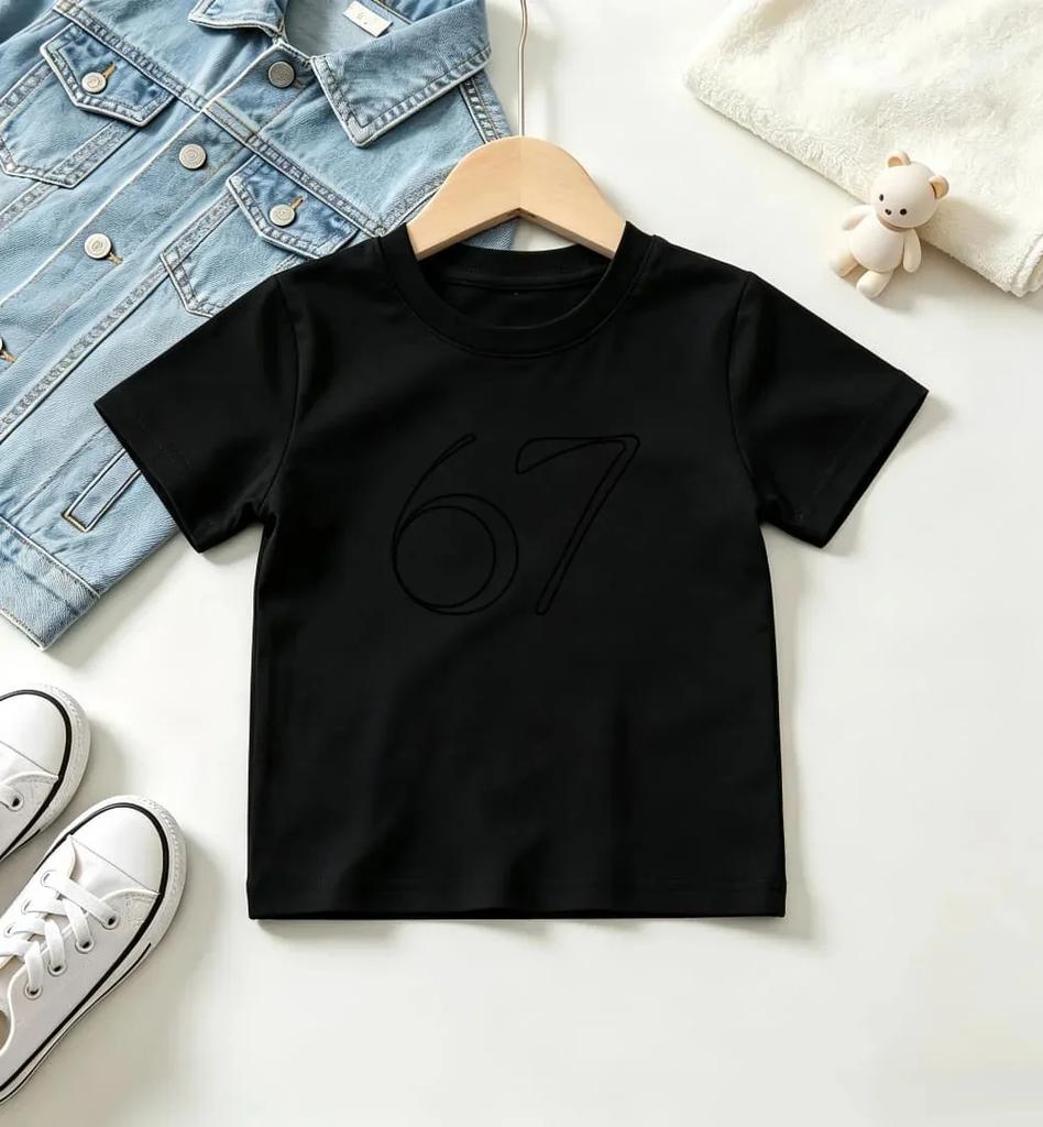Kids Black Short Sleeve T Shirt Minimal One Line Hand Drawn Number 67 Print Crew Neck Boys Girls Plain Casual Summer Tee