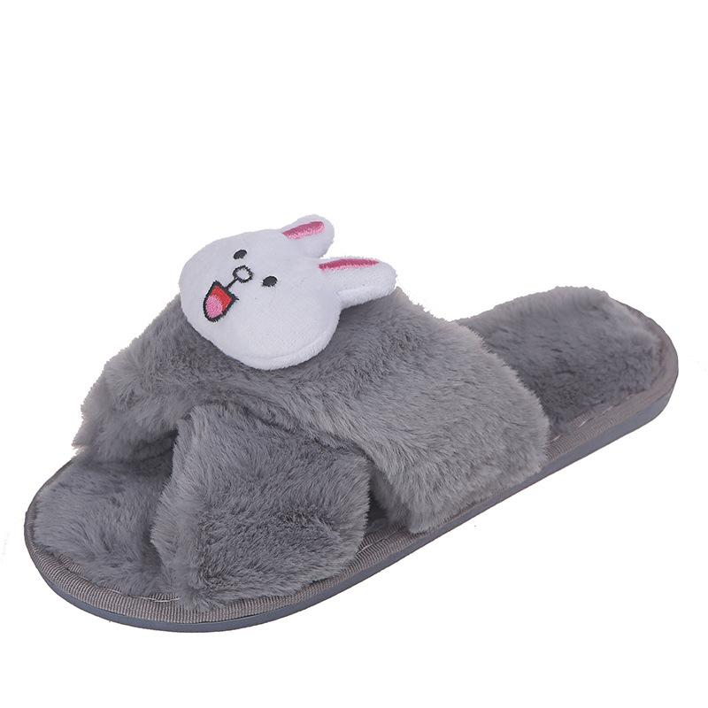 Rhinestone Strips Cross Flat Bottom Fluffy Slippers Women's Autumn and Winter Home Warm Cotton Slippers Comfortable