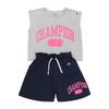 Шорты детские с круглым вырезом из полиэстера с принтом логотипа и принтом, комплект шорт для девочек, повседневный, темно-синий, 160 [Champion] Футболка 100% футболка и CK-ZW03