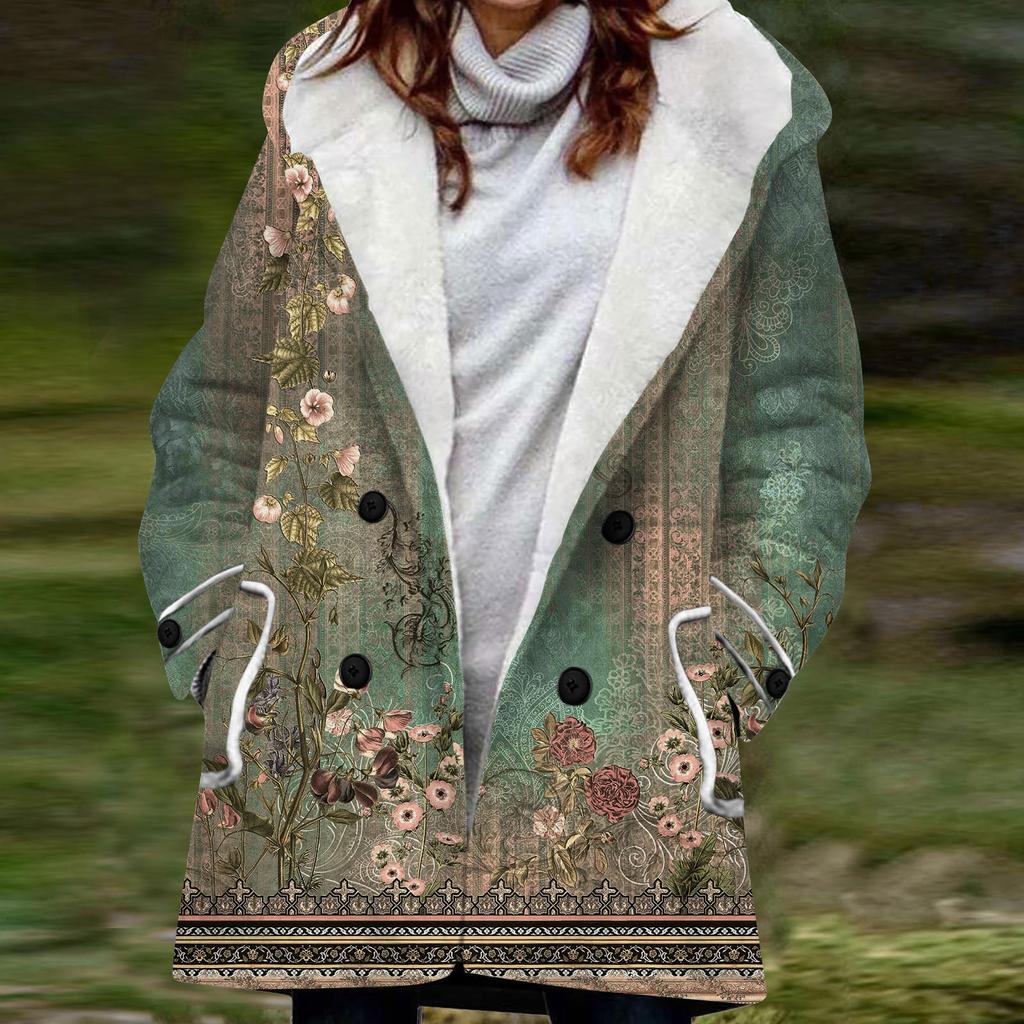 Женская большая куртка с теплой и плюшевой классической курткой на пуговицах с капюшоном и карманами в стиле ретро