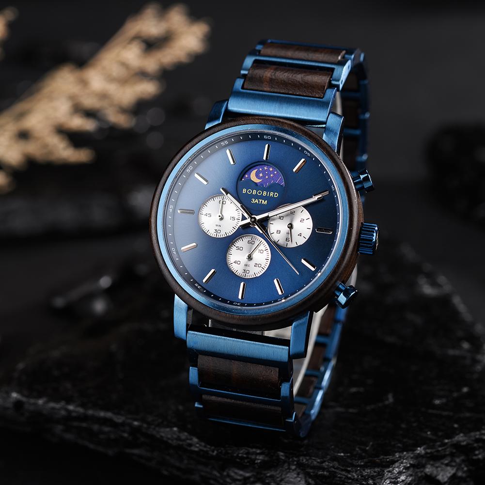 Wood Watch BOBO BIRD New Fashion Top Men Moon Phase Quartz Wristwatch Clock Engraved Watch Custom Logo Great Gift Box